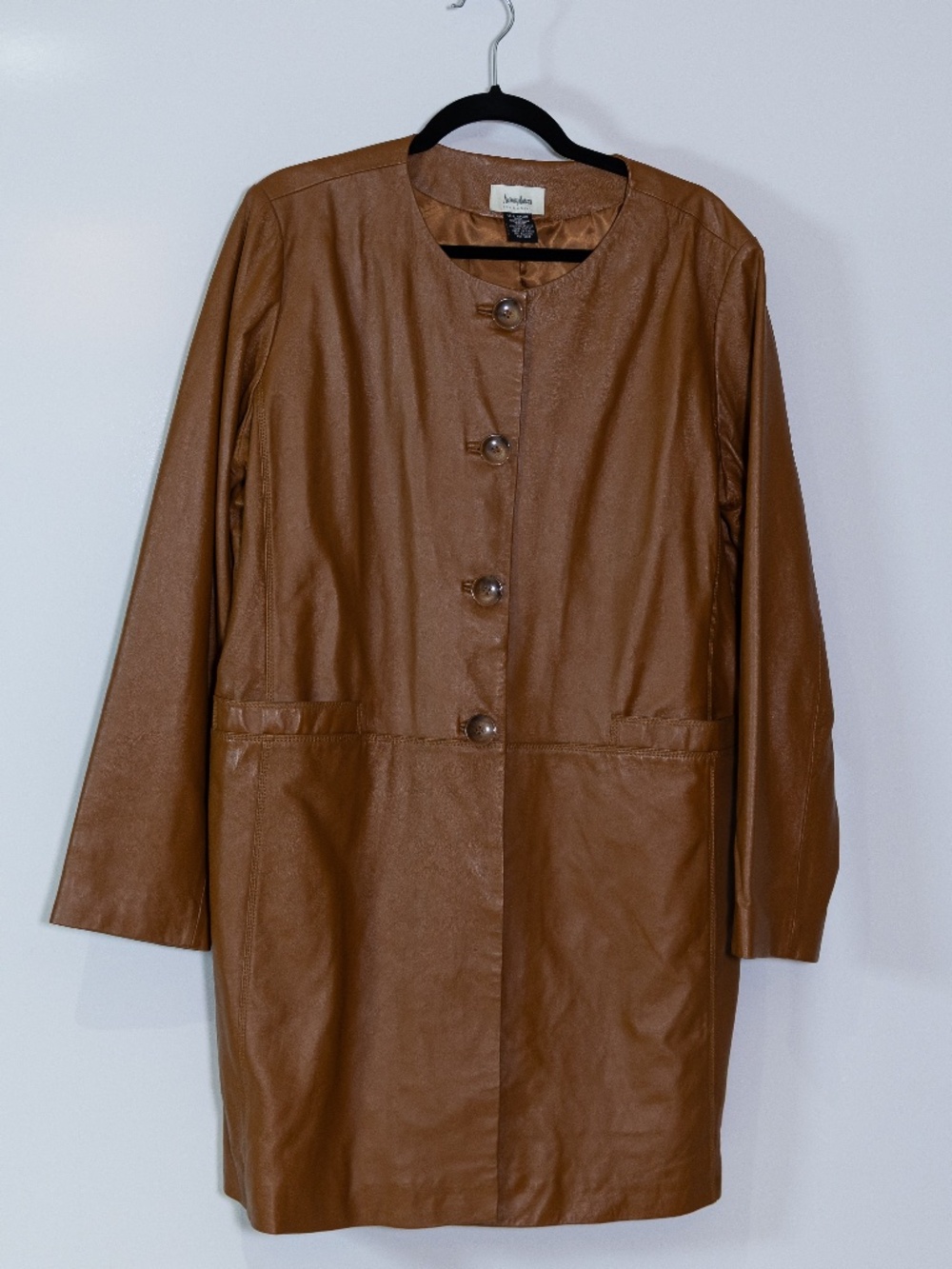 Neiman Marcus Genuine Leather Button Front Overcoat Jacket Brown Tan XL